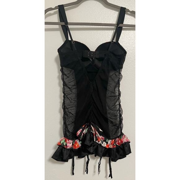 Victoria's Secret Teddy Bodysuit Black Ruffled Sheer Multicolored Bows 34C - Picture 2 of 8